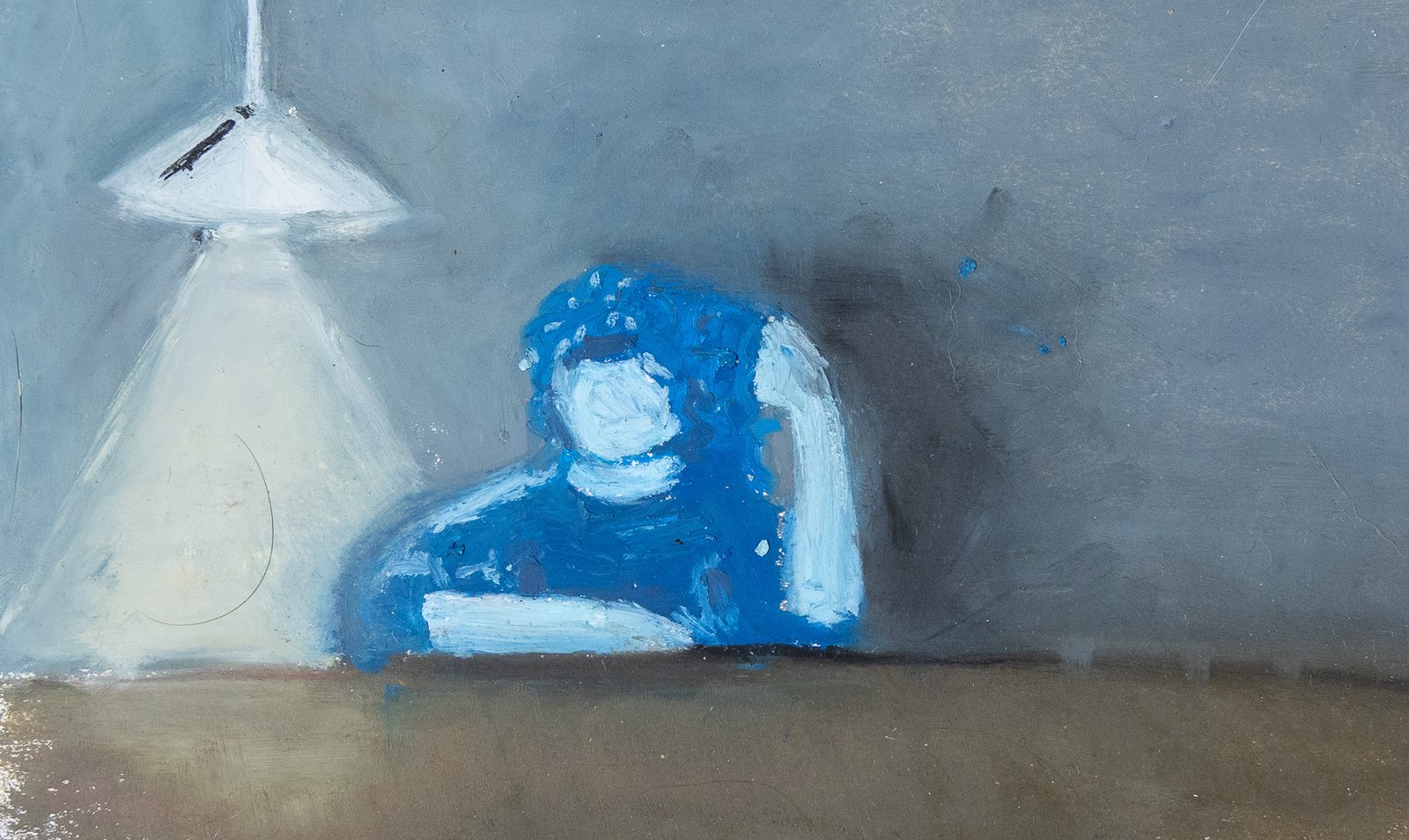 Untitled — seated blue figure under lamp