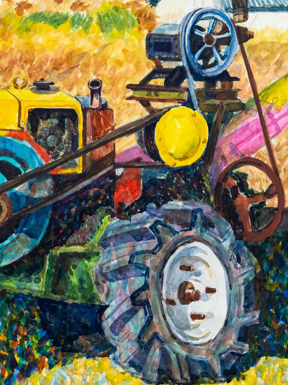 Untitled — gouache of a tractor in a field