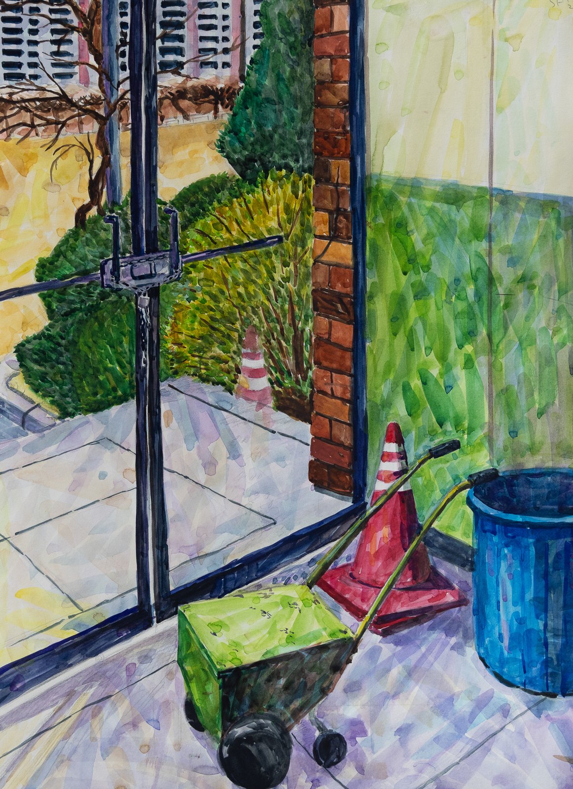 Untitled — watercolor of a street with wheelbarrow